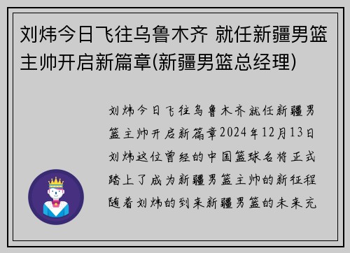 刘炜今日飞往乌鲁木齐 就任新疆男篮主帅开启新篇章(新疆男篮总经理)