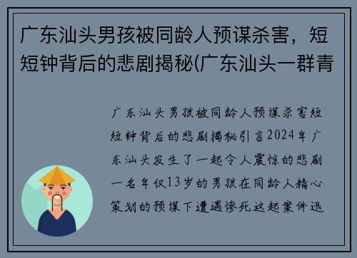 广东汕头男孩被同龄人预谋杀害，短短钟背后的悲剧揭秘(广东汕头一群青少年深夜持刀斗殴)