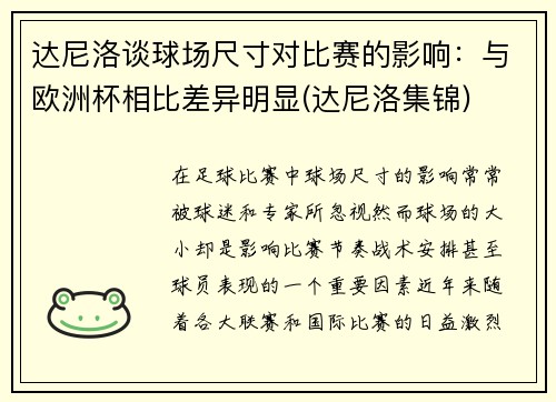 达尼洛谈球场尺寸对比赛的影响：与欧洲杯相比差异明显(达尼洛集锦)