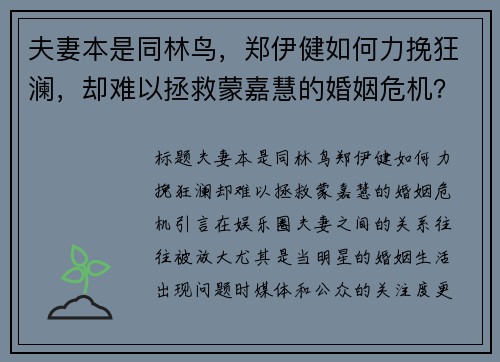 夫妻本是同林鸟，郑伊健如何力挽狂澜，却难以拯救蒙嘉慧的婚姻危机？