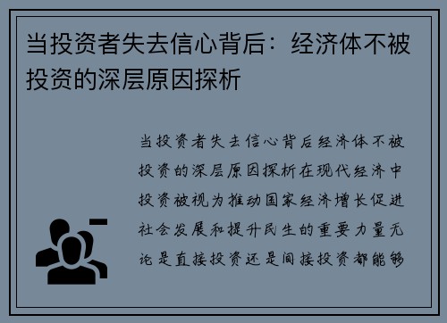 当投资者失去信心背后：经济体不被投资的深层原因探析