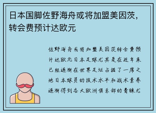 日本国脚佐野海舟或将加盟美因茨，转会费预计达欧元