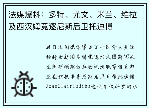 法媒爆料：多特、尤文、米兰、维拉及西汉姆竞逐尼斯后卫托迪博