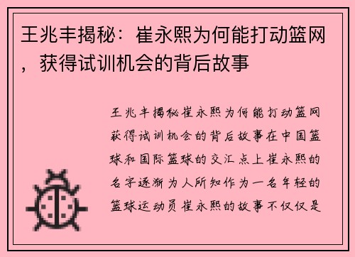 王兆丰揭秘：崔永熙为何能打动篮网，获得试训机会的背后故事