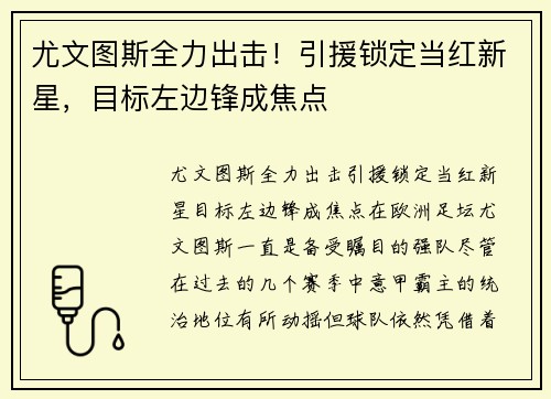 尤文图斯全力出击！引援锁定当红新星，目标左边锋成焦点